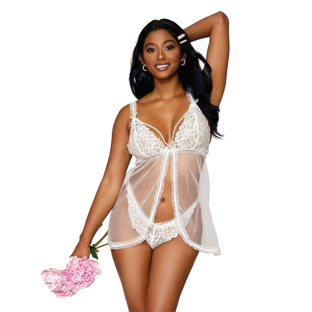 Dreamgirl Lingerie Stretch lace and diamond mesh babydoll and G-string set with ruffled elastic trims - 12834