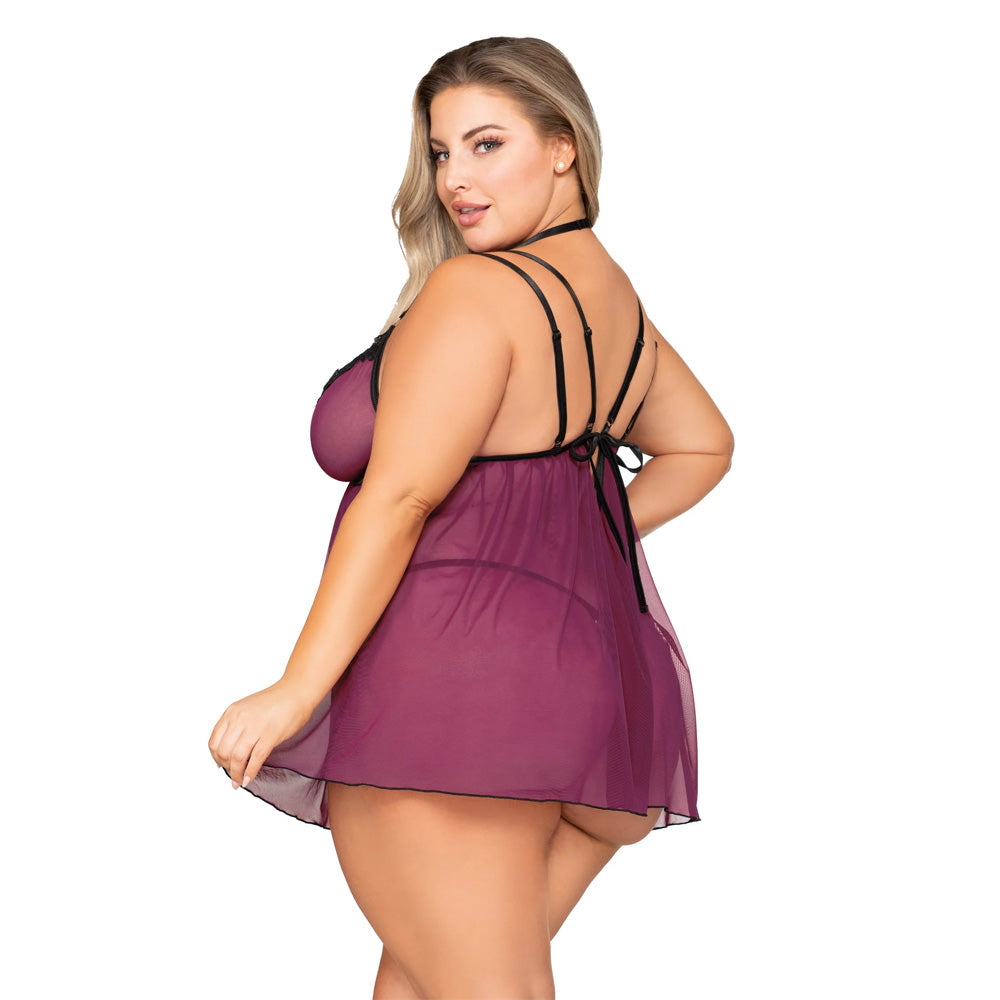 Dreamgirl Plus Size Mesh Babydoll & G-String Set with Venise Lace Trim Mulberry - 12264X