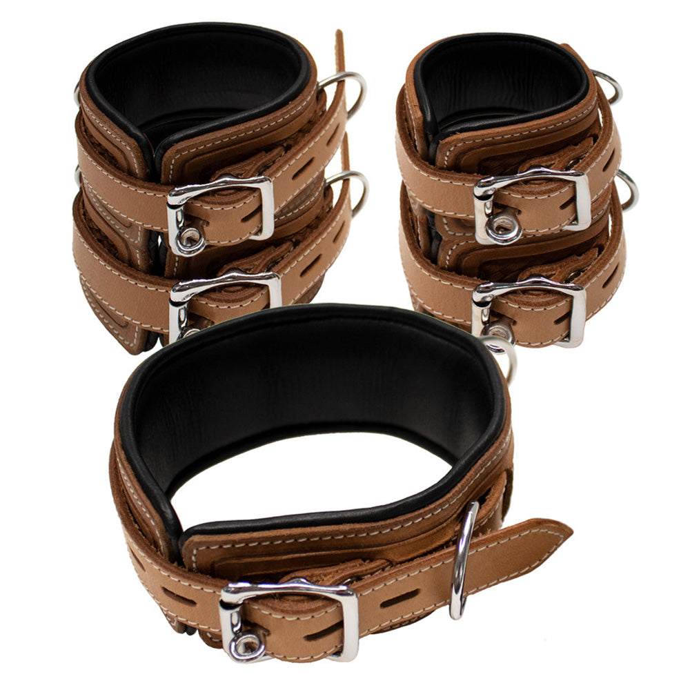 Share Satisfaction Bound X Tooled Leather Cuffs And Collar Set - Brown