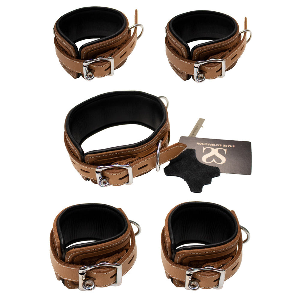 Share Satisfaction Bound X Tooled Leather Cuffs And Collar Set - Brown