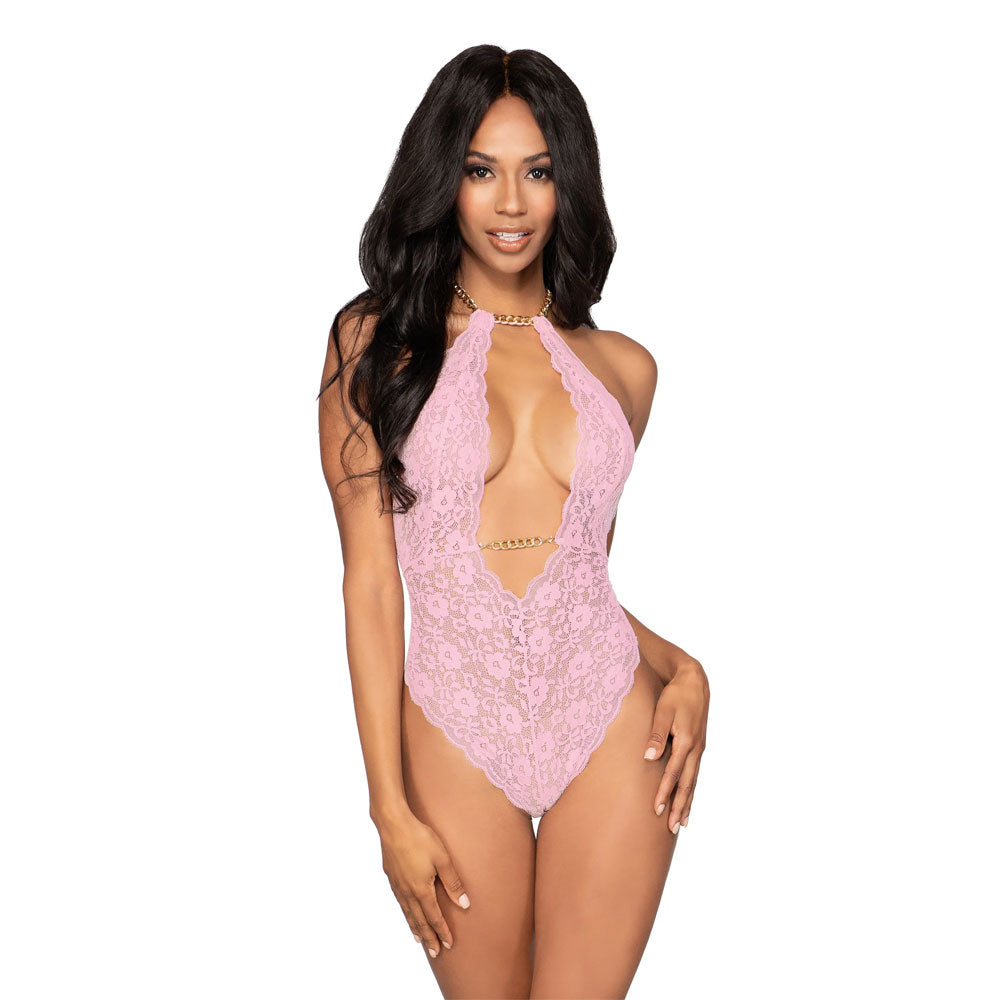 Dreamgirl Stretch Lace Halter Teddy & Collar with Removable Chains - 12483