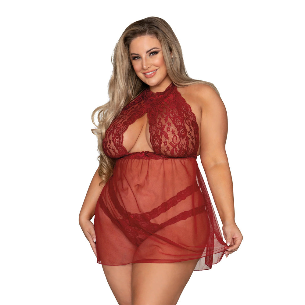 Dreamgirl Lingerie Stretch Lace and Mesh Babydoll Garnet 11503X