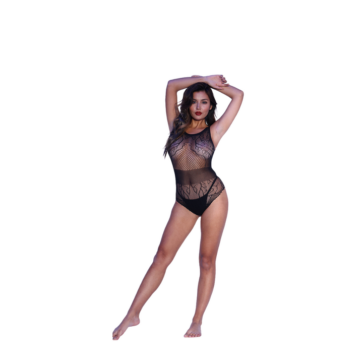 LA Fantasy Patterned Fishnet Teddy H-1012B - Black