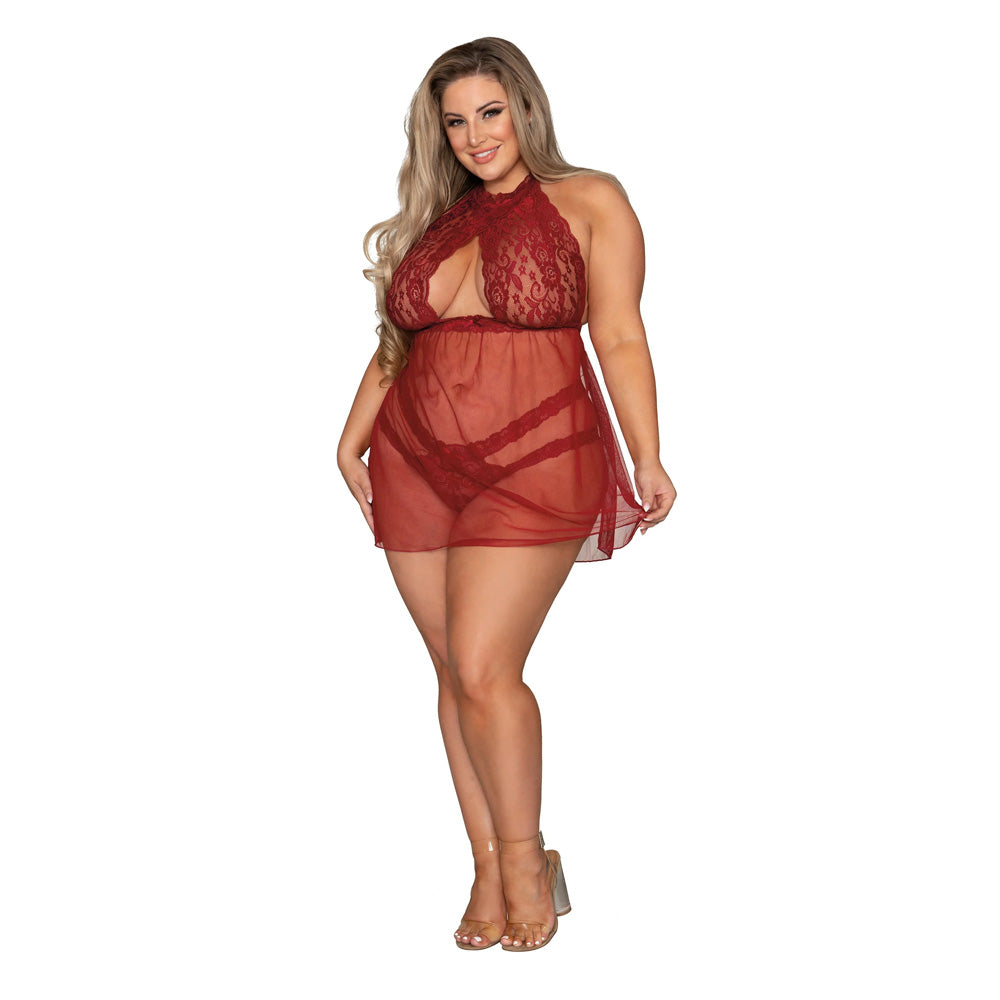 Dreamgirl Lingerie Stretch Lace and Mesh Babydoll Garnet 11503X