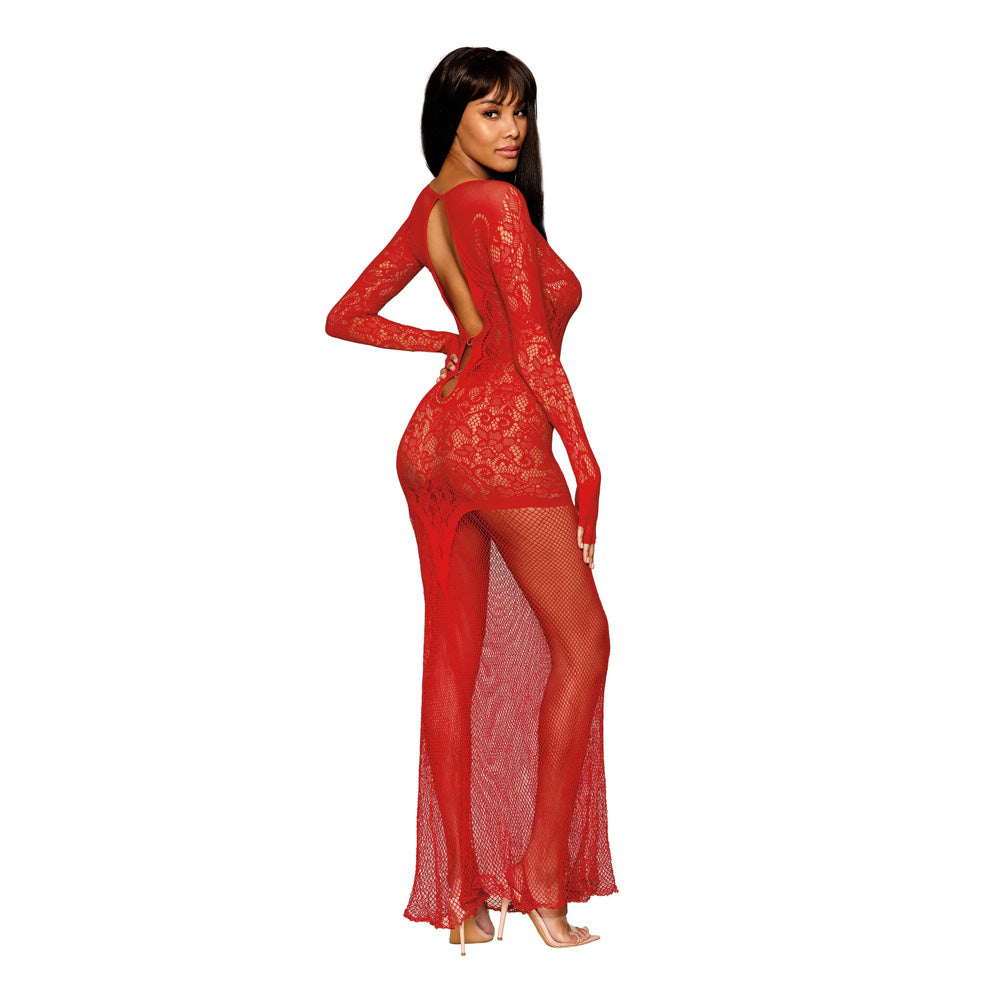 Dreamgirl Floral Lace Pattern Bodystocking Gown Ruby - 0455