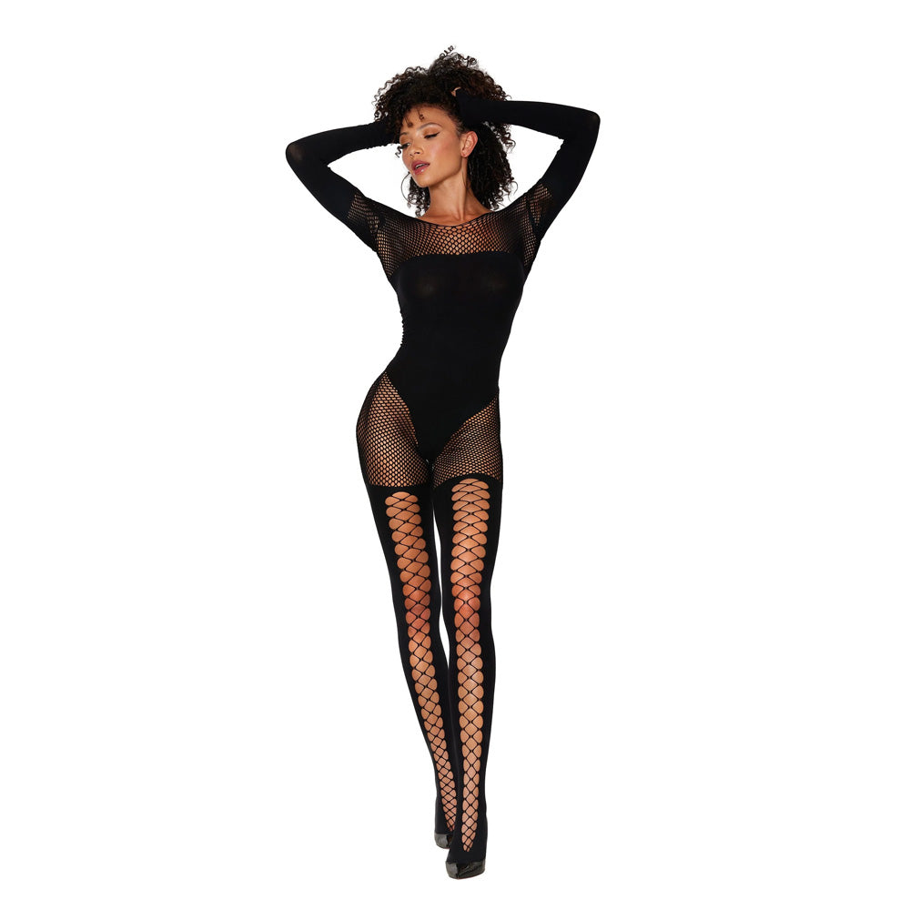 Dreamgirl Lingerie Seamless Opaque Fishnet Bodystocking Teddy & Faux Lace-up Stocking 0443