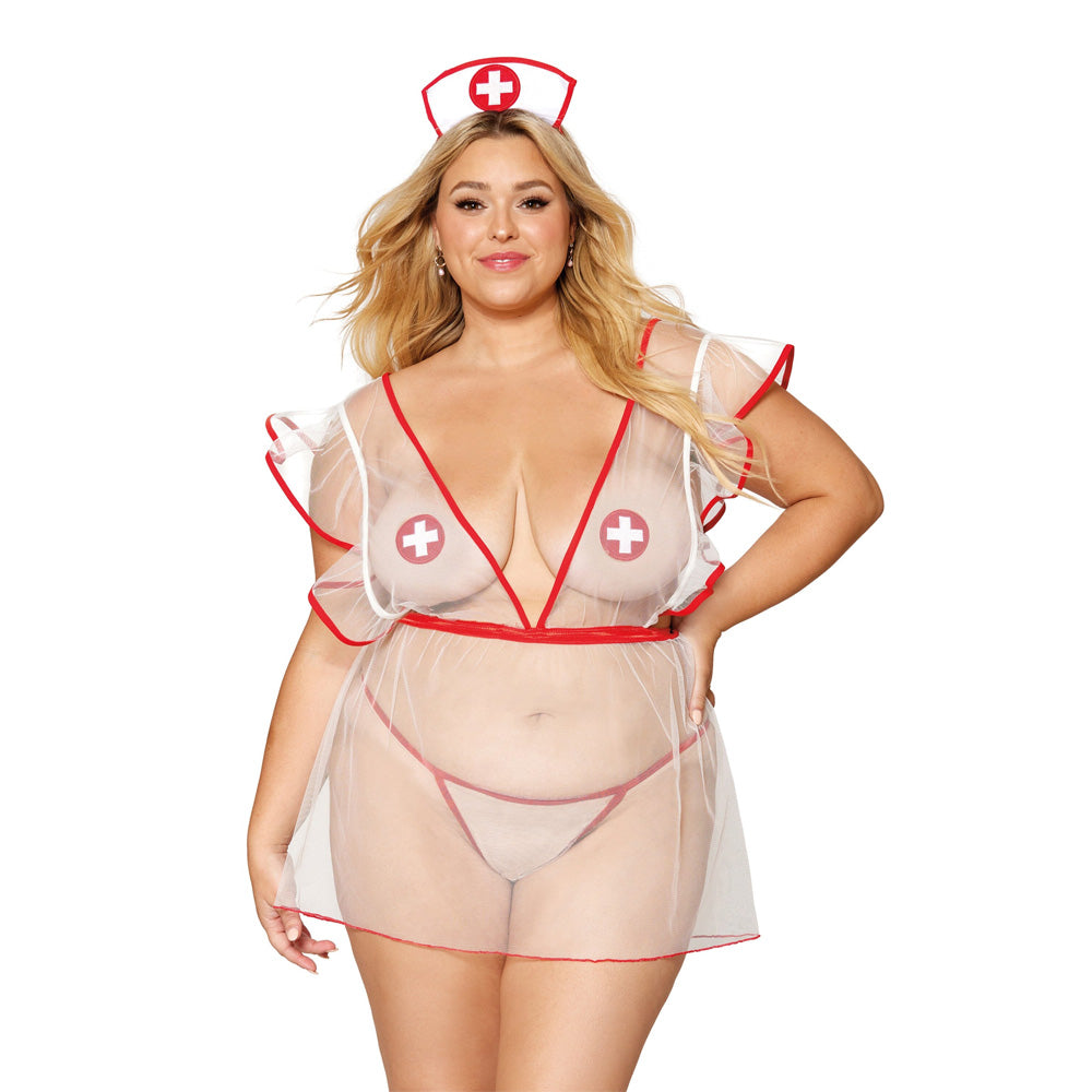 Dreamgirl Lingerie Sheer mesh nurse-themed apron with matching G-string, tie-on nurses’ cap, and pasties - 12916X