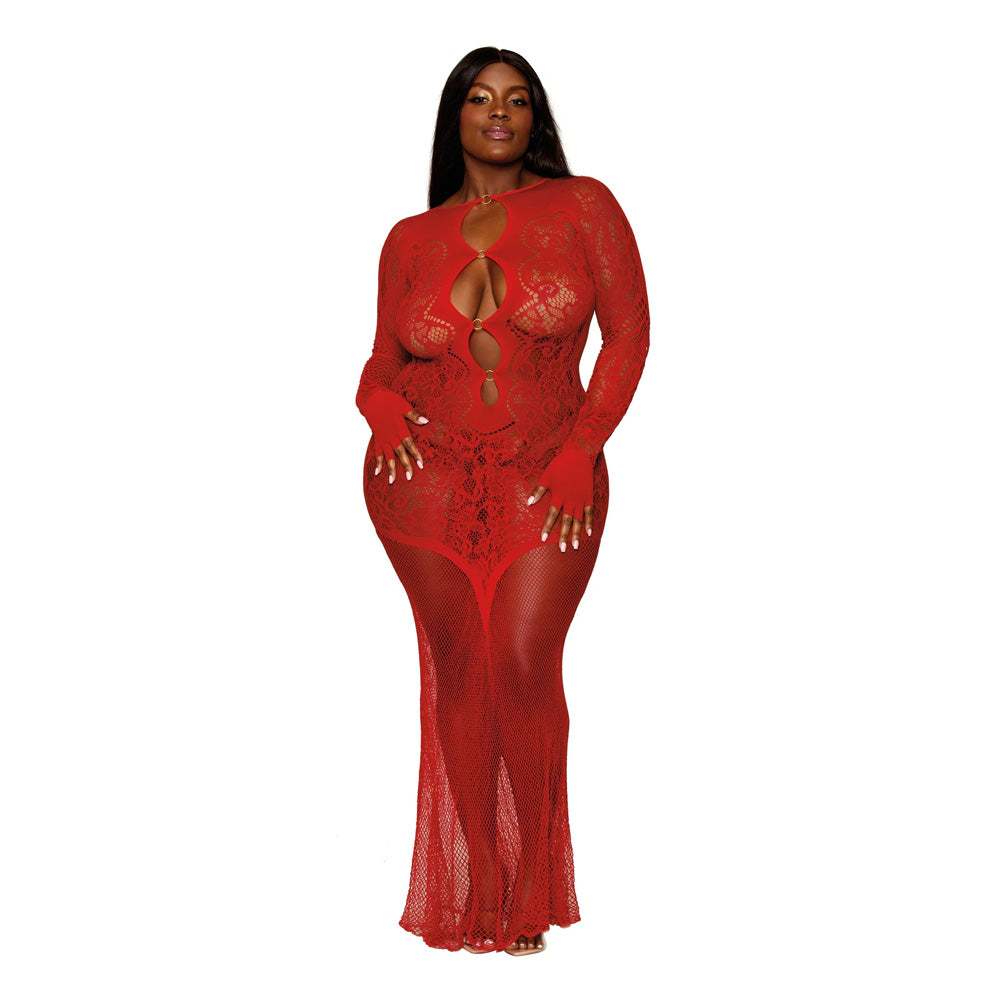 Dreamgirl Plus Size Floral Lace Pattern Bodystocking Gown Ruby - 0455X