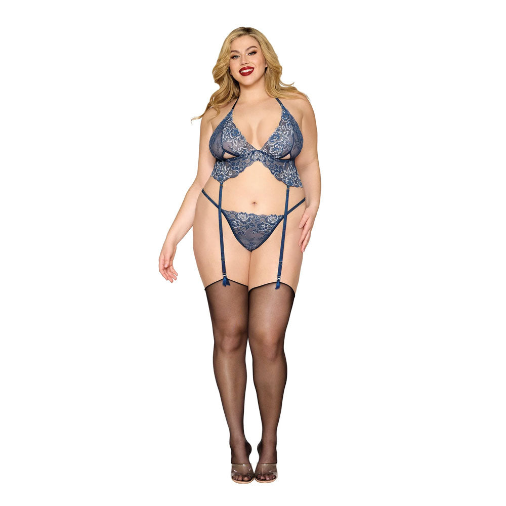 Dreamgirl Plus Size Garter Halter Bralette & G-String Twilight - 13522X