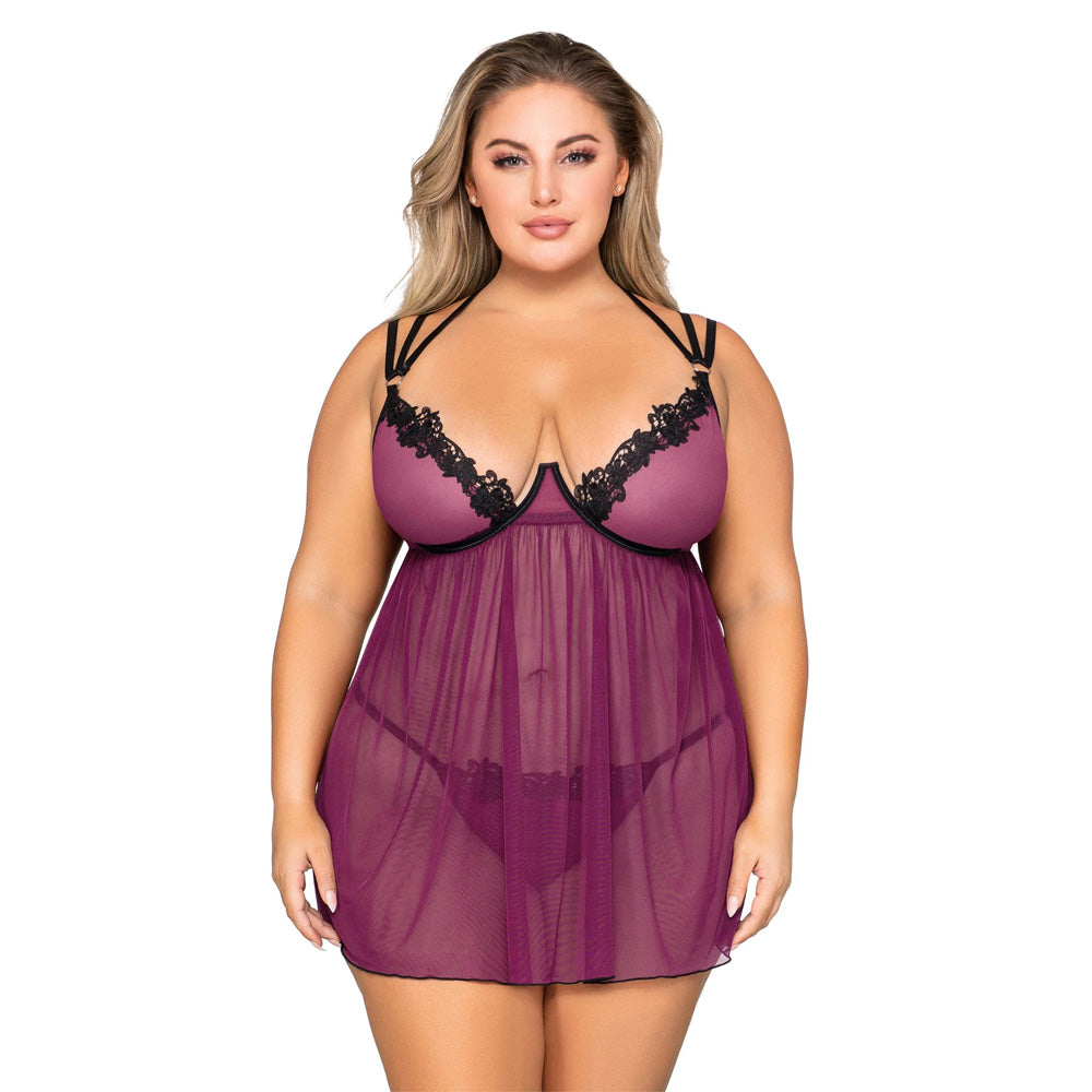 Dreamgirl Plus Size Mesh Babydoll & G-String Set with Venise Lace Trim Mulberry - 12264X