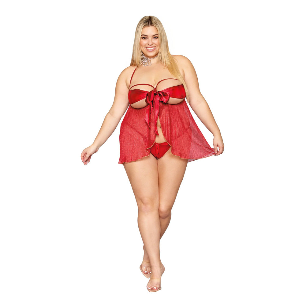 Dreamgirl Plus Size Metallic, Pleated, Open Cup Babydoll, Satin Bow Ruby - 13088X