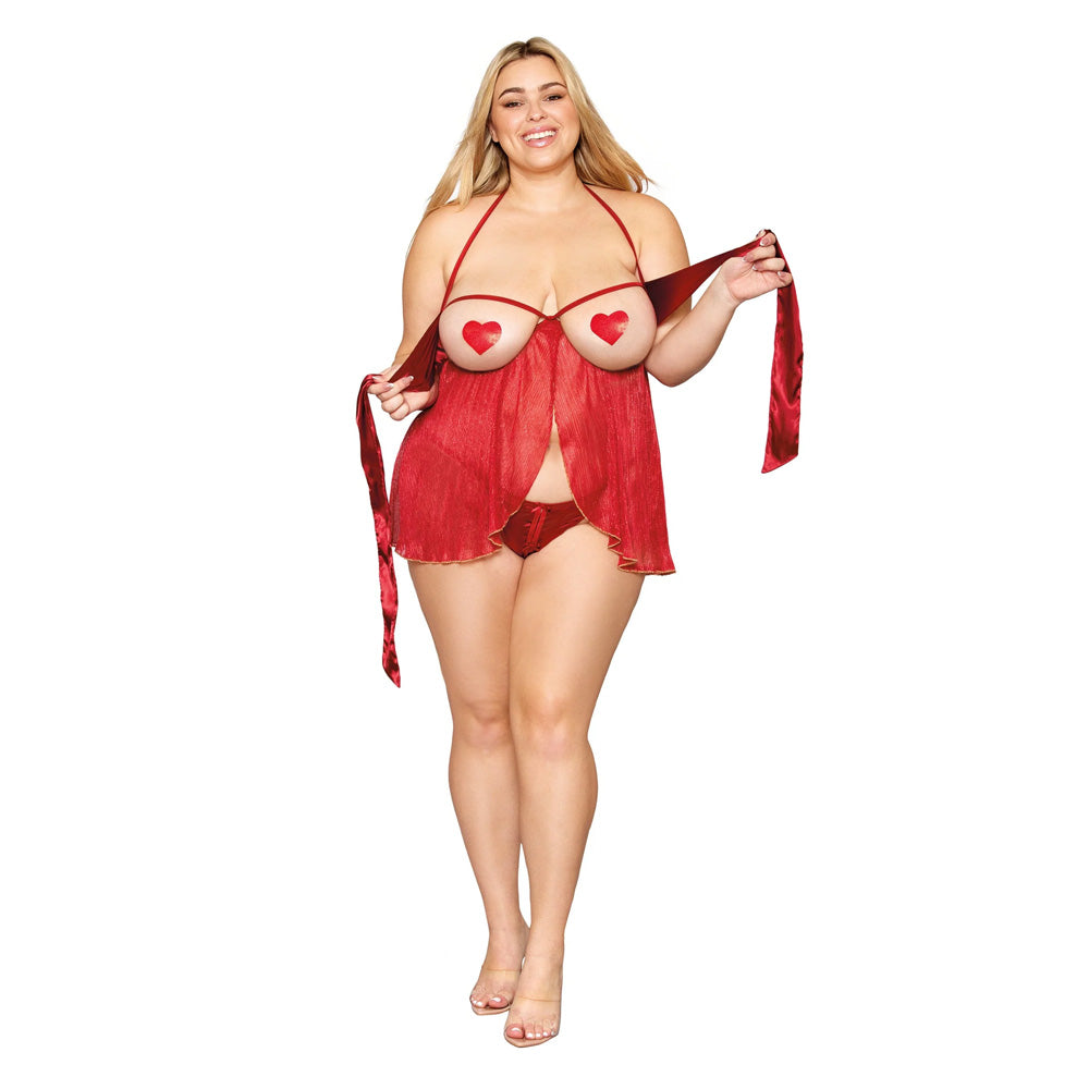 Dreamgirl Plus Size Metallic, Pleated, Open Cup Babydoll, Satin Bow Ruby - 13088X