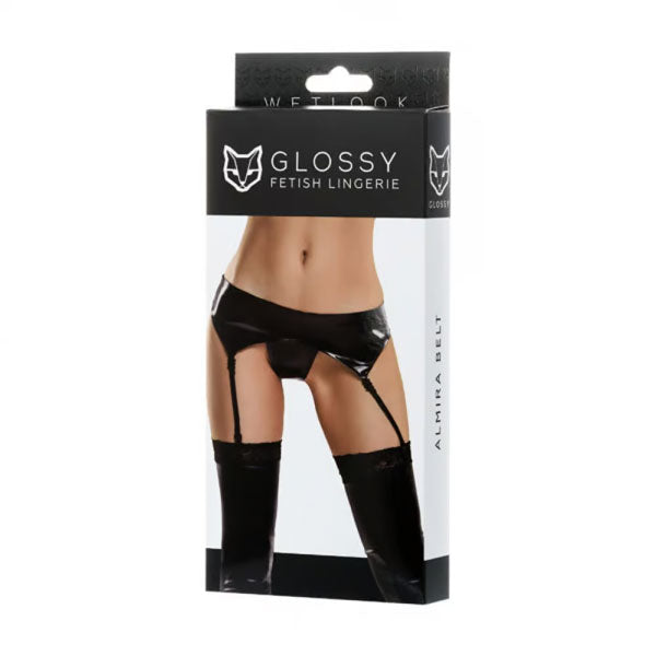 Glossy Fetish Lingerie Wetlook Garter Belt & Panty Almira - Black