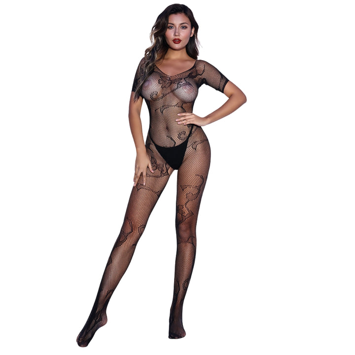 LA Fantasy Floral Pattern Crotchless Bodystocking H-2069B - Black