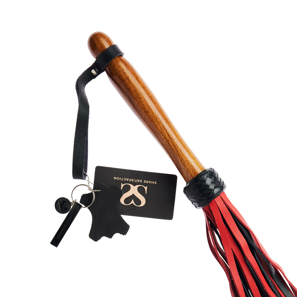 Share Satisfaction Bound X Calf Leather Flogger With Wooden Handle - Red