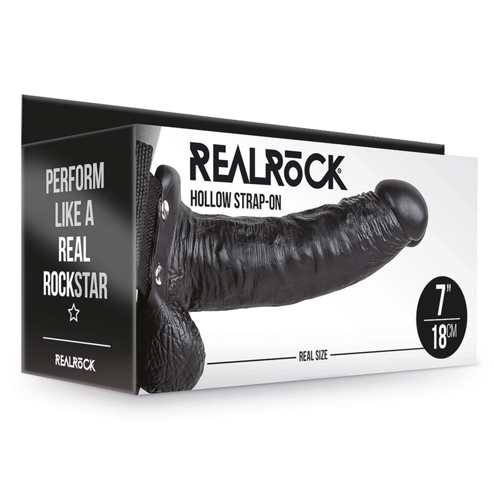 Shots Real Rock Hollow Strap On With Balls 7 Inch - Black
