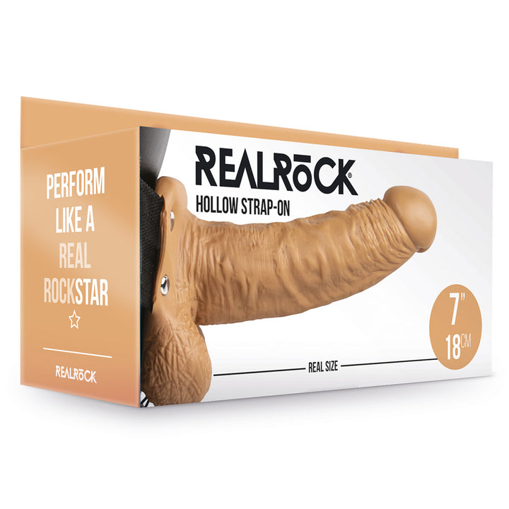 Shots Real Rock Hollow Strap On With Balls 7 Inch - Tan