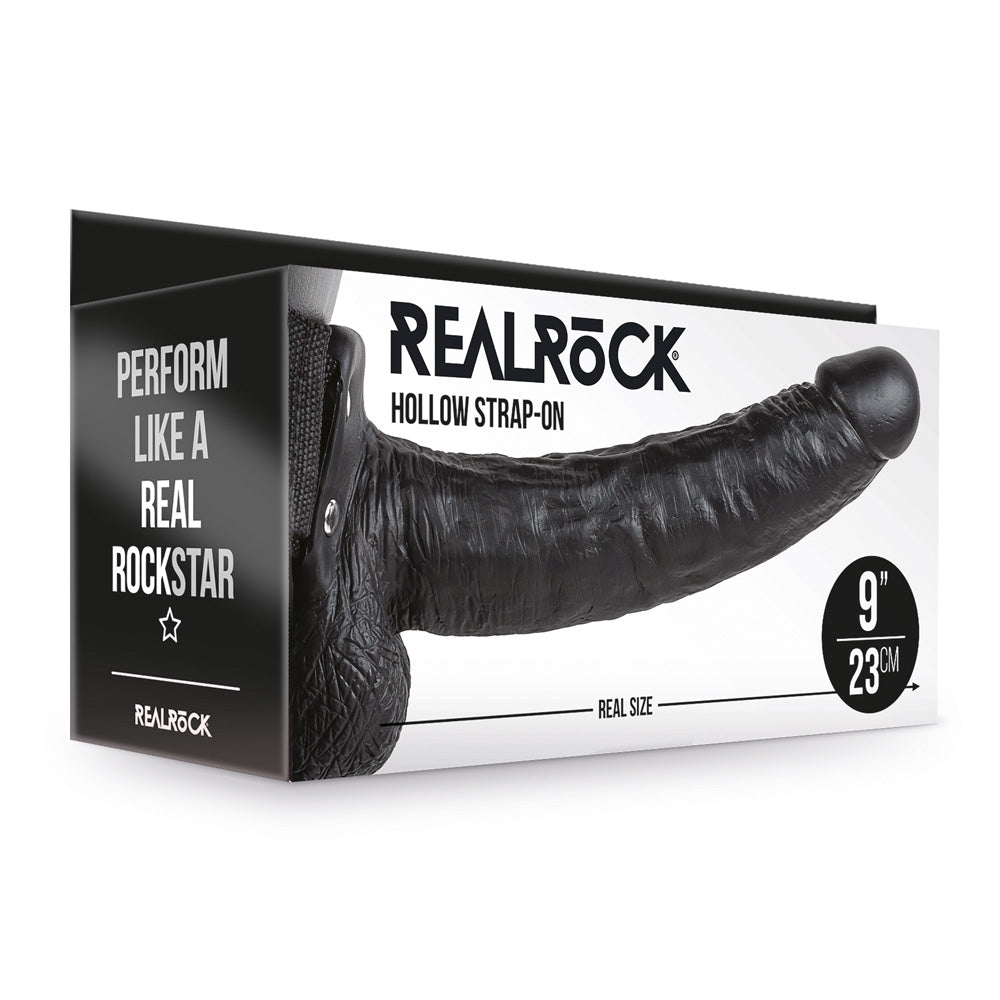 Shots Real Rock Hollow Strap On With Balls 9 Inch - Black