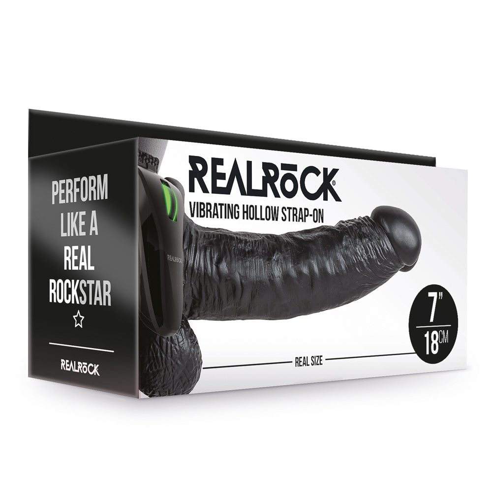 Shots Real Rock Hollow Strap On With Balls Vibrating 7 Inch - Black