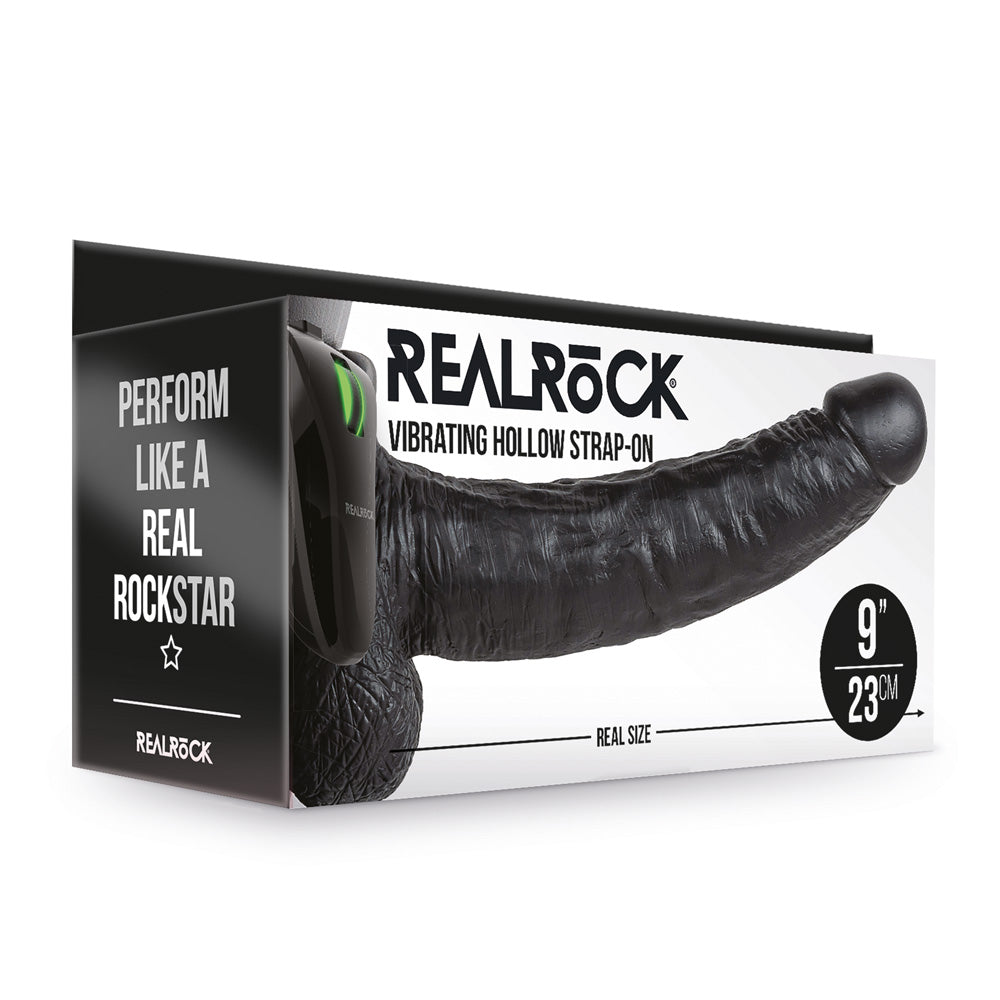 Shots Real Rock Hollow Strap On With Balls Vibrating 9 Inch - Black