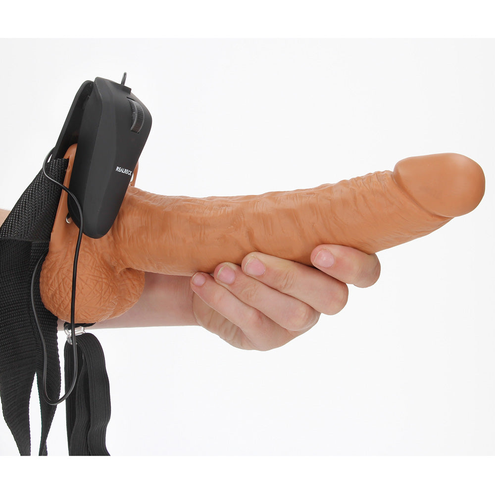 Shots Real Rock Hollow Strap On With Balls Vibrating 9 Inch - Tan