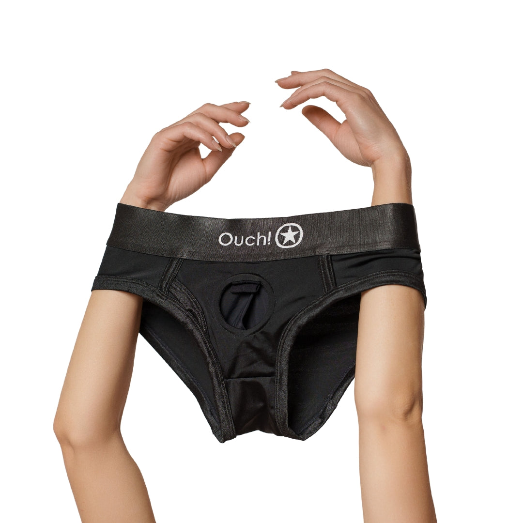 Shots Ouch! Vibrating Strap On High Cut Brief - Black