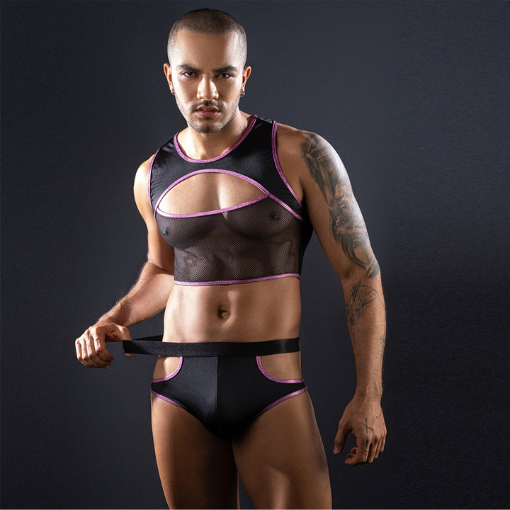 Love In Leather Black/Pink Top & Brief Set