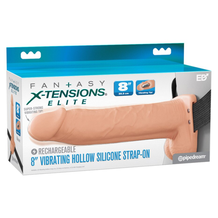 Pipedream Fantasy X-Tensions Elite Vibrating Hollow Silicone Strap-On 8 Inch