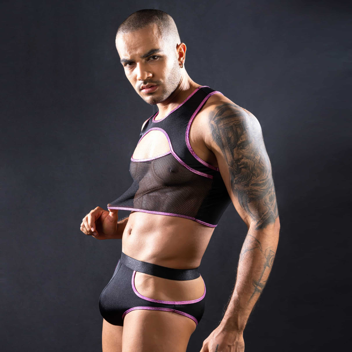 Love In Leather Black/Pink Top & Brief Set