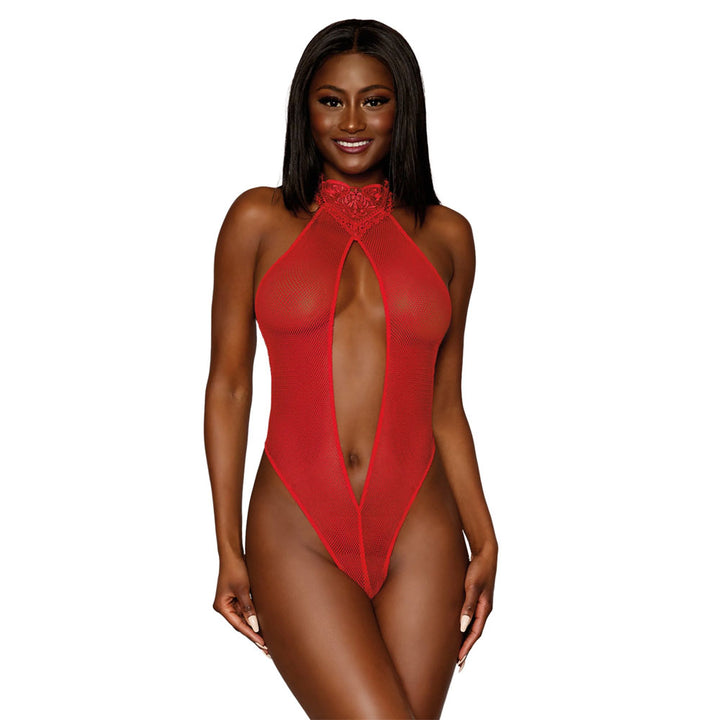 Dreamgirl Fishnet Teddy with Heart Trim Details Red 12679