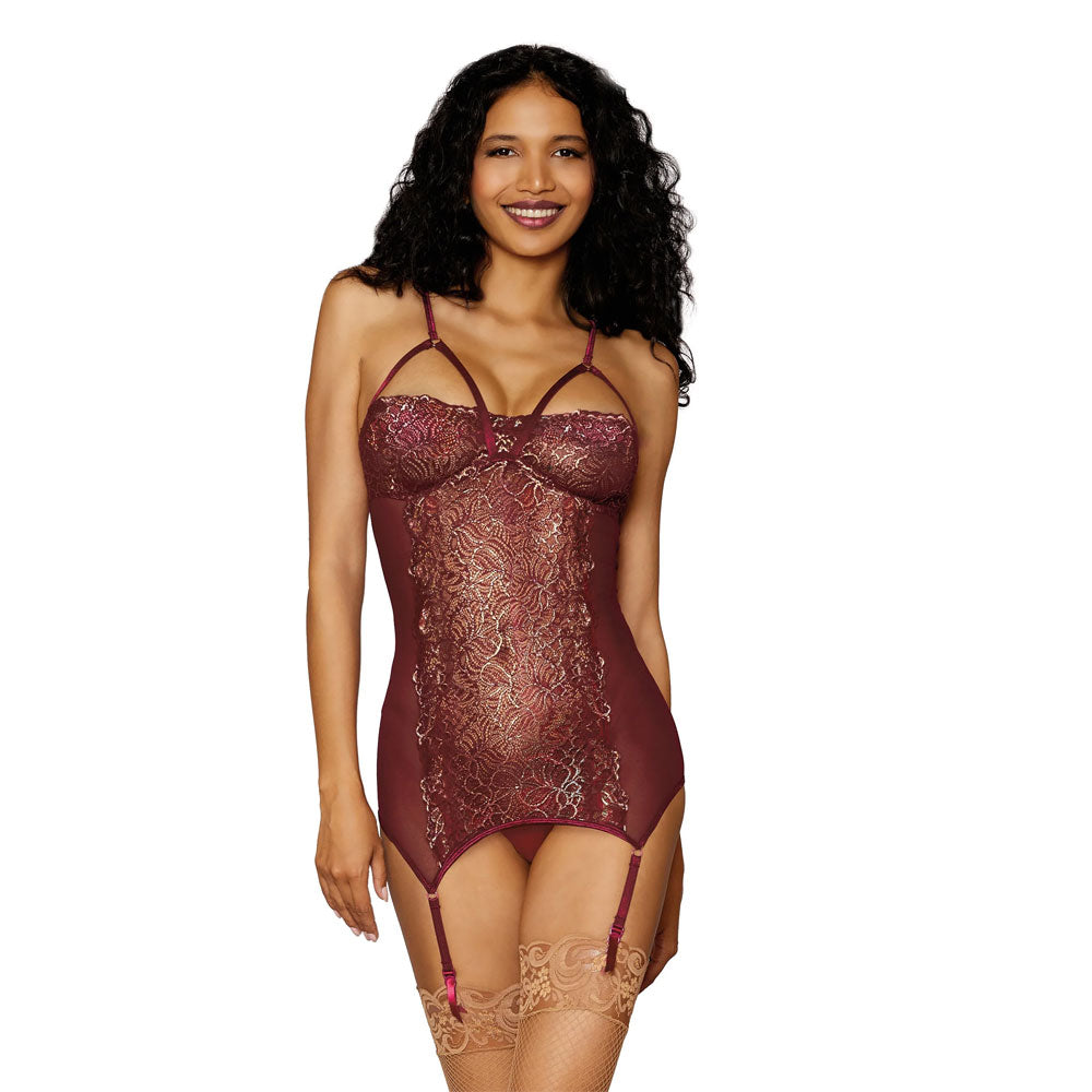 Dreamgirl Gold Foiled Stretch Lace and Mesh Garter Slip Burgandy - 12668