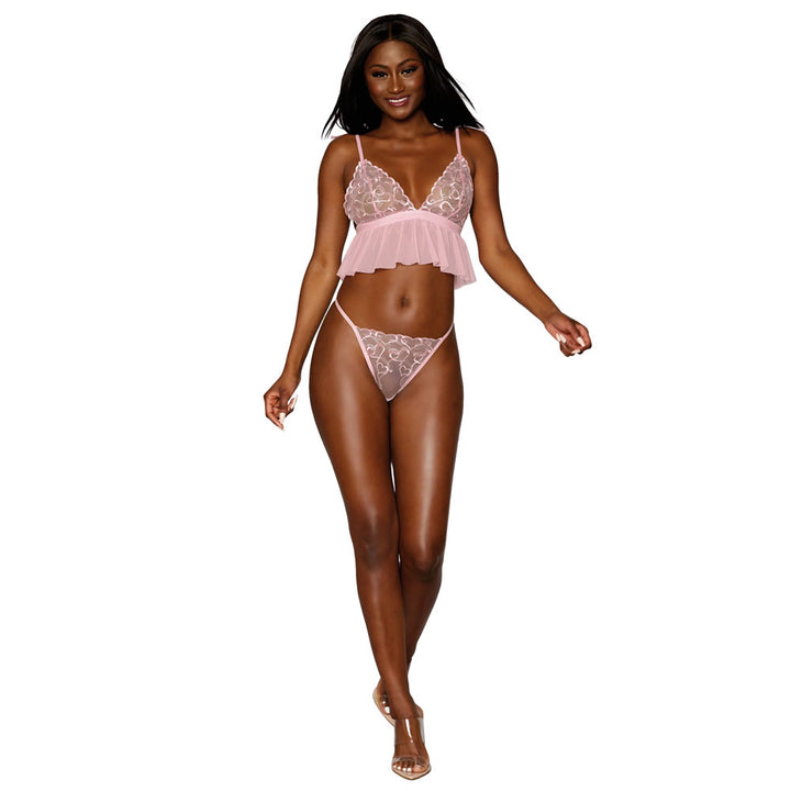 Dreamgirl Heart Embroidered Mesh Bralette and Panty Pink 12705