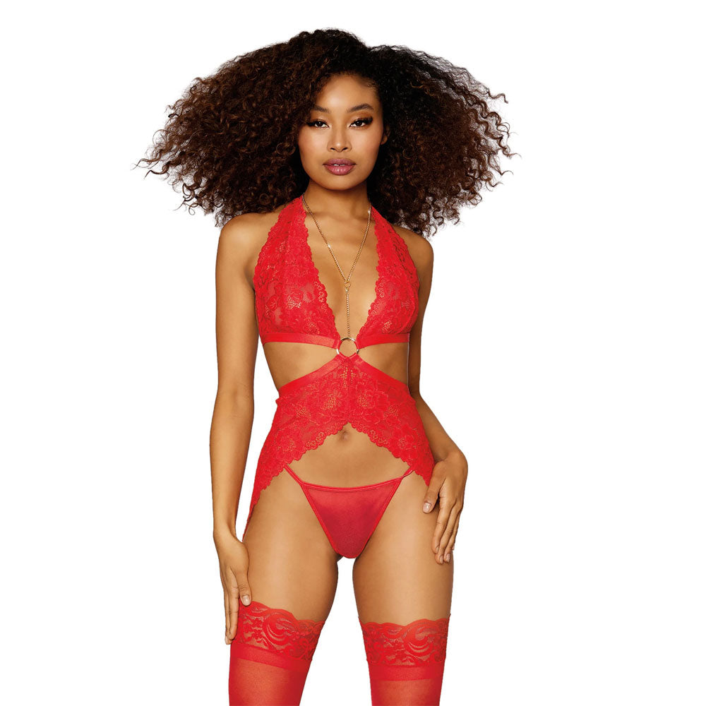 Dreamgirl Lace Chemise with Side Garters and G-string Red 12708