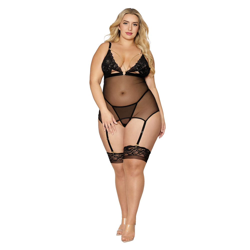 Dreamgirl Lace and Mesh Garter Slip and G-string Set Black 12712X