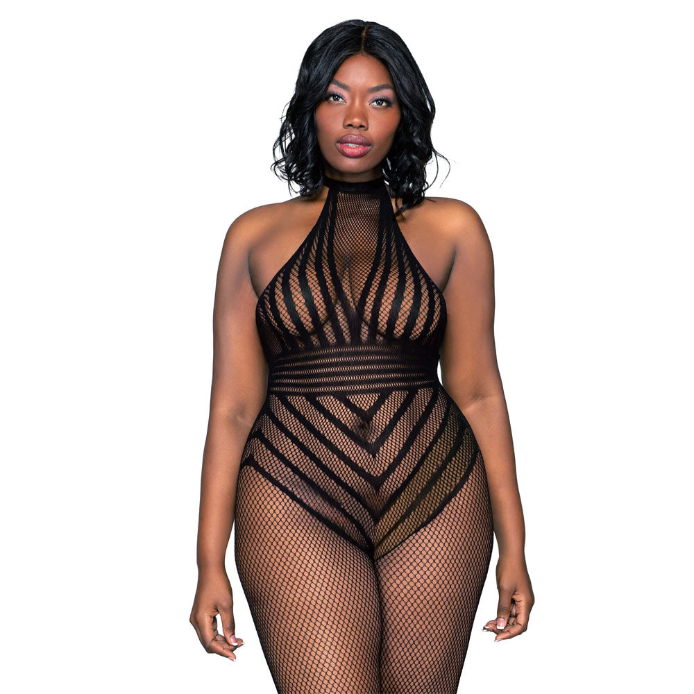 Dreamgirl Open Crotch Fishnet Bodystocking with Halter Neck Black 0402X