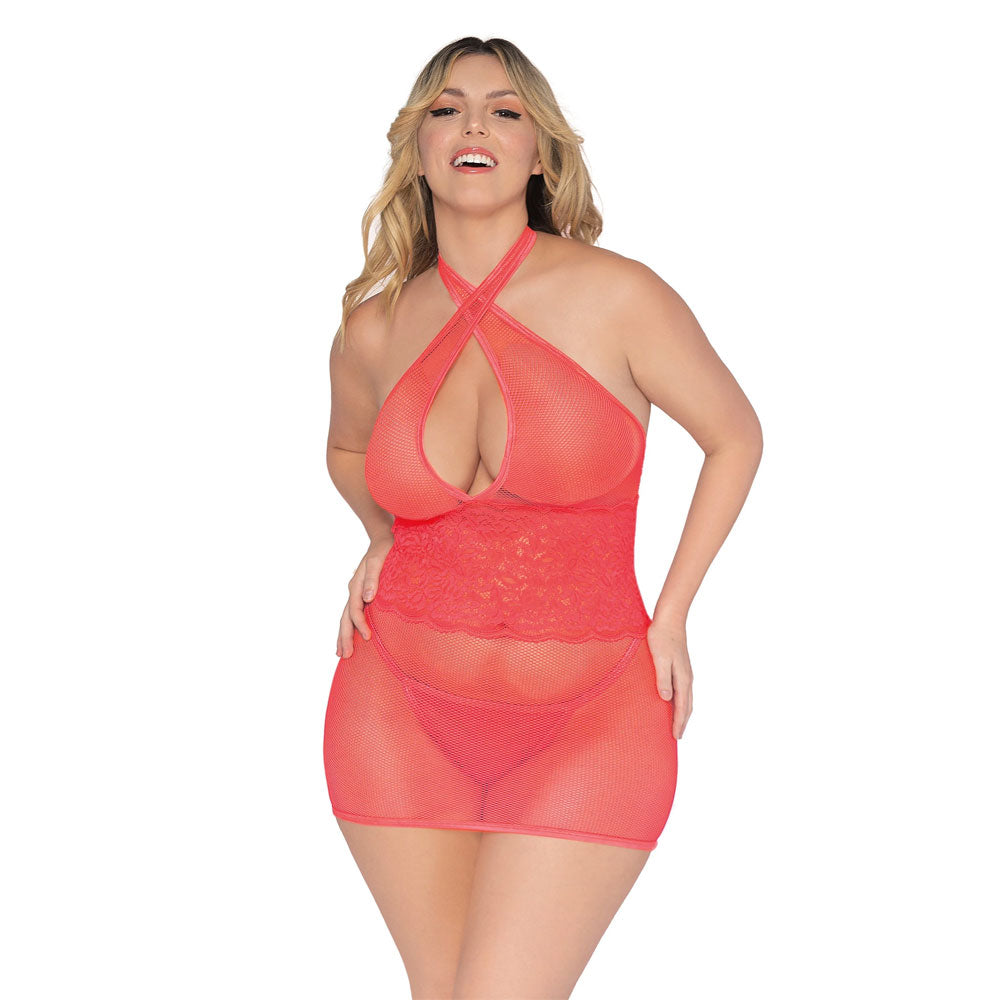 Dreamgirl Plus Size Fishnet & Scalloped Lace Chemise with Back Neck Tie Coral 12606X