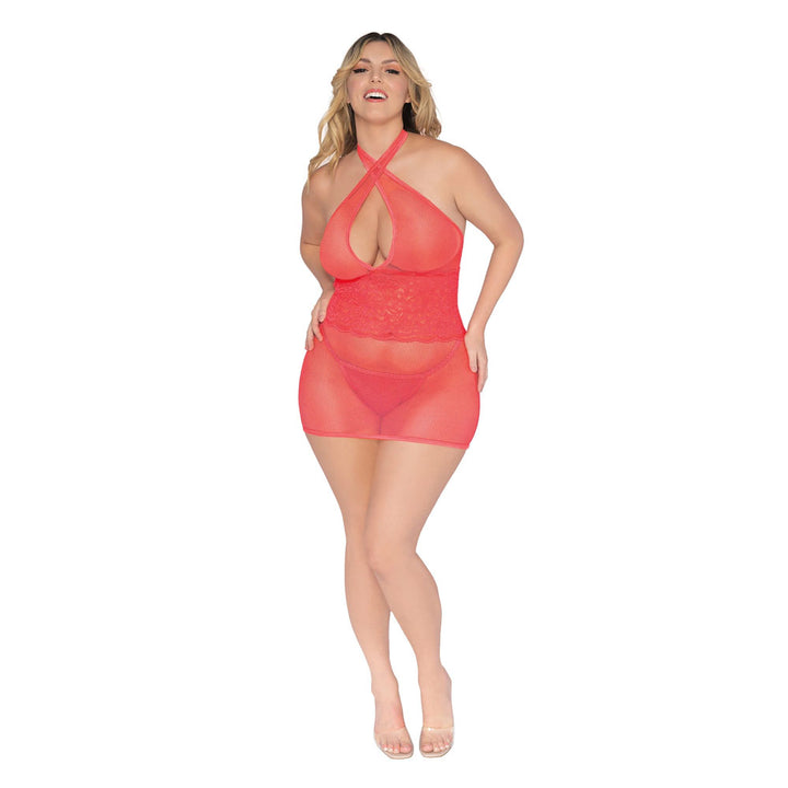 Dreamgirl Plus Size Fishnet & Scalloped Lace Chemise with Back Neck Tie Coral 12606X