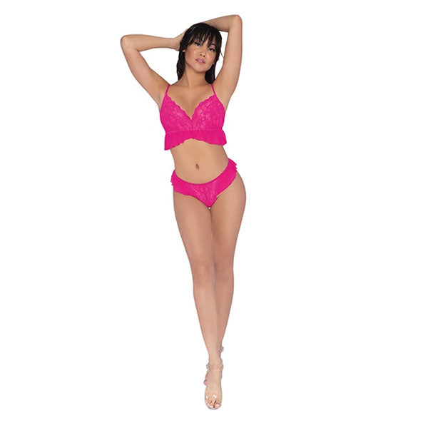 Dreamgirl Stretch Lace & Mesh Bralette & Thong W/Ruffle Detail Paradise Pink 12607