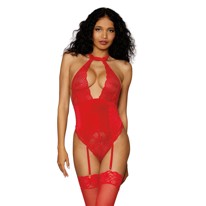 Dreamgirl Stretch Lace and Stretch Velvet Garter Teddy Red 12670