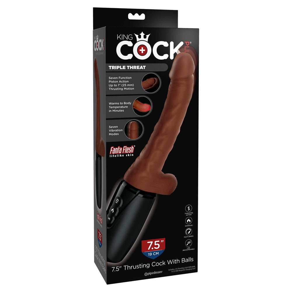 Pipedream King Cock Plus Triple Threat Thrusting Cock With Balls 7.5 Inch - Brown