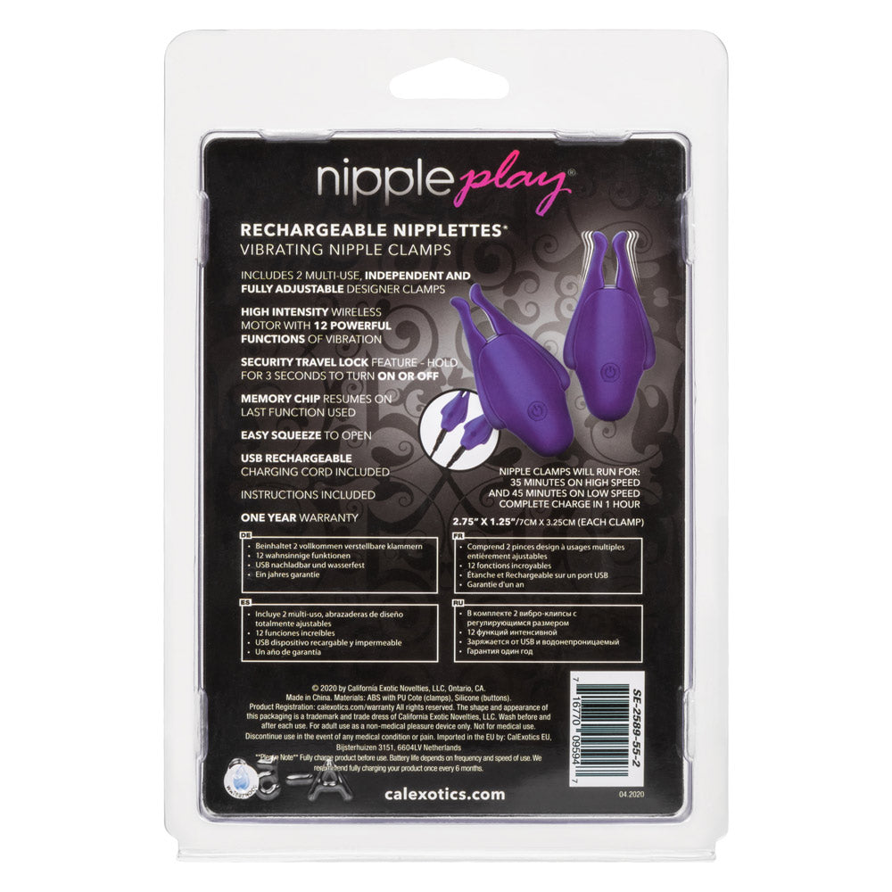 Calexotics Nipple Play Rechargeable Nipple Clamps - Purple