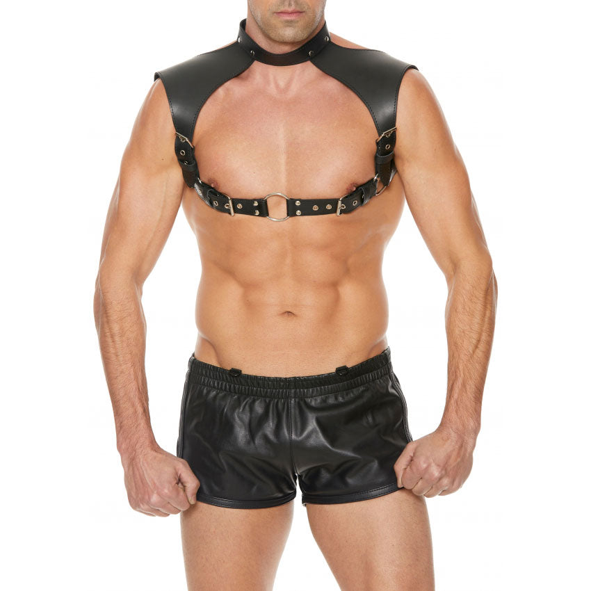 Shots UOMO Leather Men's Harness with Collar - Black