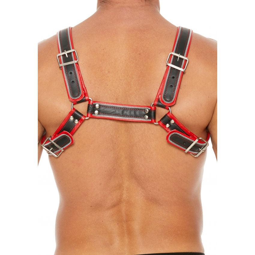 Shots UOMO Z Series Leather Men's Bulldog Harness L/XL - Black - Red