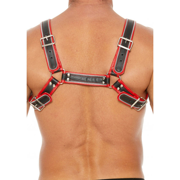 Shots UOMO Z Series Leather Men's Bulldog Harness S/M - Black - Red