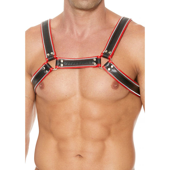 Shots UOMO Z Series Leather Men's Bulldog Harness S/M - Black - Red