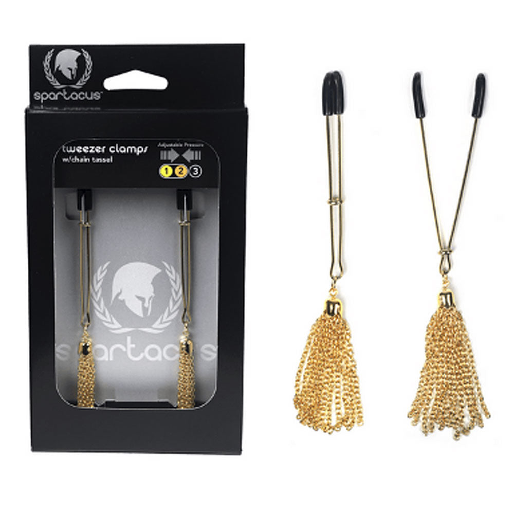 Spartacus Tweezer Nipple Clamps With Chain Tassel - Gold